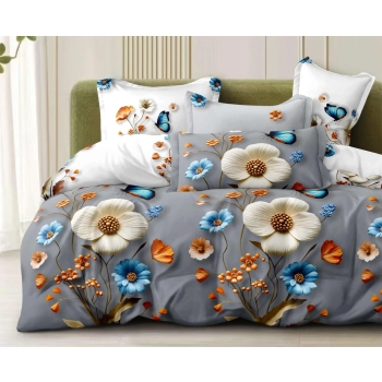 Pościel 200x220 Bawełna satynowa szara w kwiaty PK693 z prześcieradłem